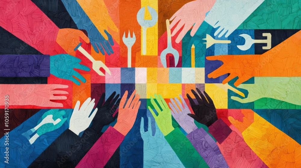 Fototapeta premium Diverse hands gather around tools, symbolizing teamwork, collaboration, and community effort in vibrant colors.