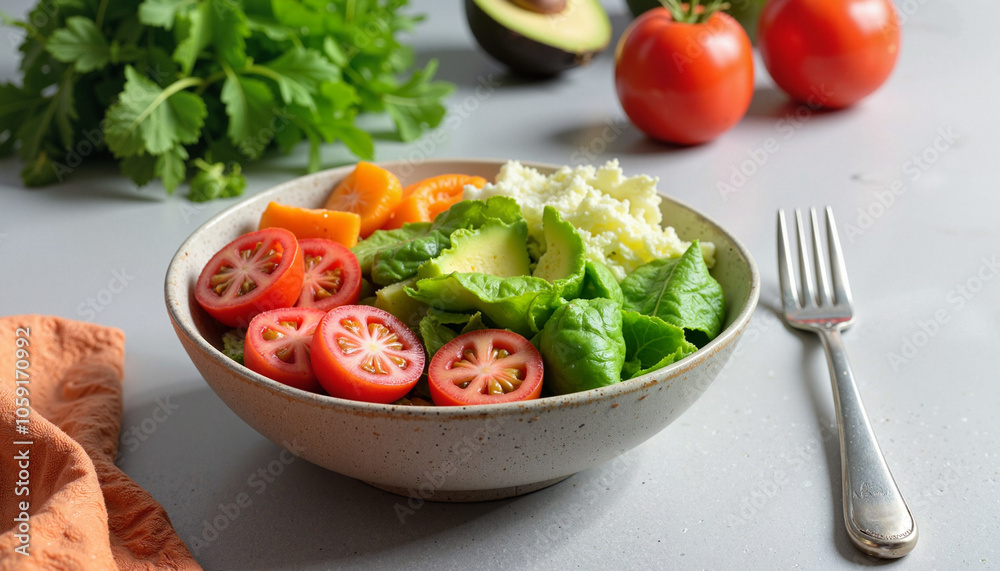 Fresh vegetable salad in a bowl with vibrant colors and healthy ingredients on a kitchen countertop Fresh vegetable salad in a bowl with vibrant colors and healthy ingredients on a kitchen countertop