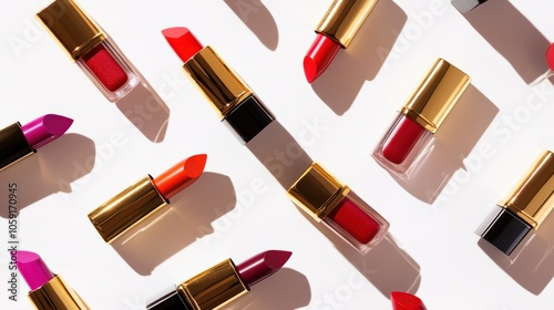 An artistic display of lipsticks in an array of bold colors, packaged in luxurious cases, beautifully set against a bright white background.