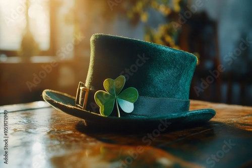 A green top hat adorned with a clover on a wooden table in a cozy setting dur...