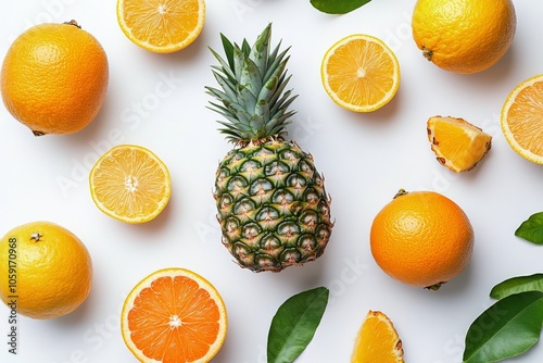 Vibrant arrangement of fresh oranges and pineapple on a clean white background photo