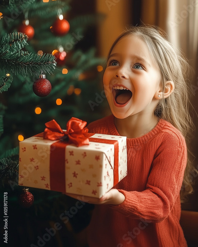 A joyful child with wide, e...
