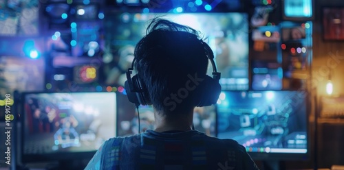 Gaming, gamer, technology, computer, screens, headphones, blue lights, online gaming, esports, entertainment, young adult, focus, digital world, gameplay, modern workspace A person with headphones i