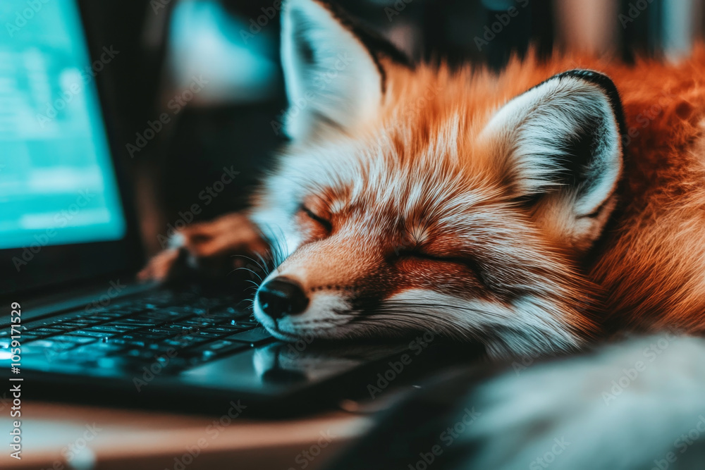 Naklejka premium Sleeping fox resting on laptop keyboard, showcasing cozy and serene atmosphere. warm fur contrasts with cool tones of technology, creating delightful scene