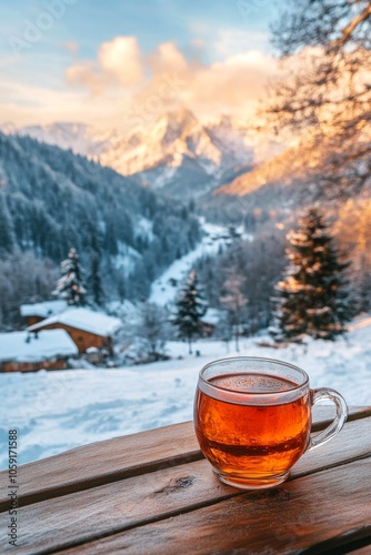 Warm tea in a glass cup on a snowy landscape with mountains during a sunny wi...