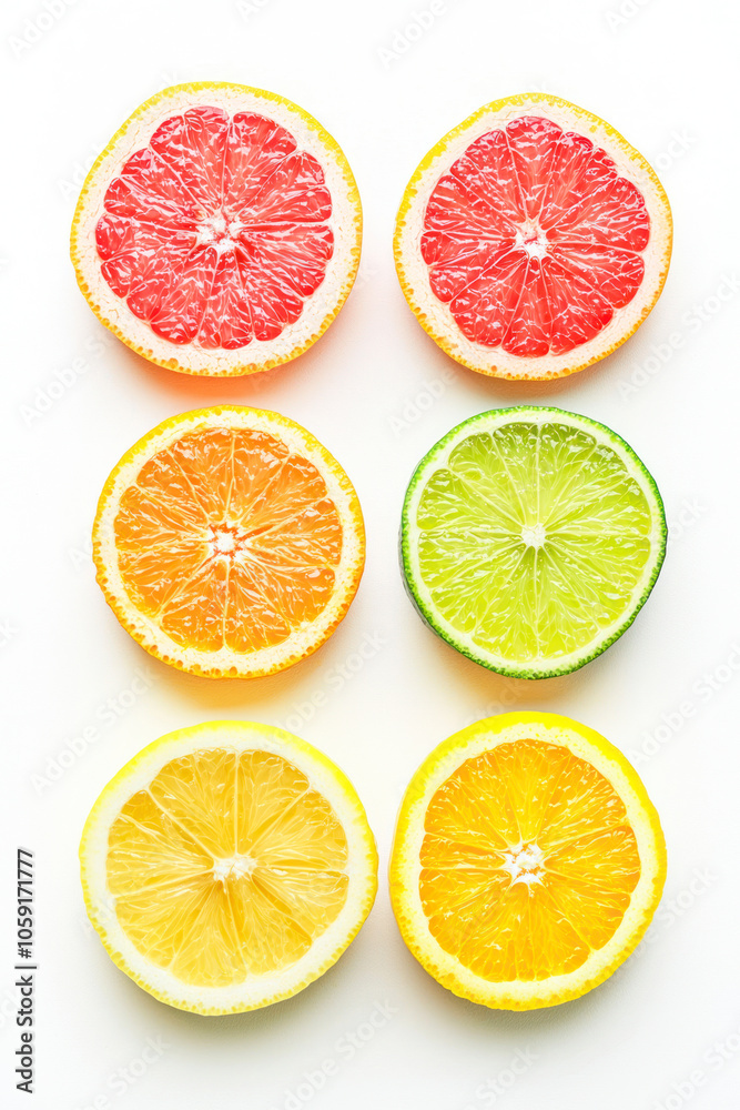 Vertical Colorful citrus fruit slices isolated on white background, top view. Grapefruit, orange, lemon and lime. Vertical Colorful citrus fruit slices isolated on white background, top view. Grapefruit, orange, lemon and lime.