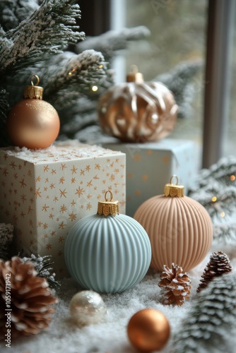 Elegant holiday decorations featuring pastel ornaments and frosty pinecones b...