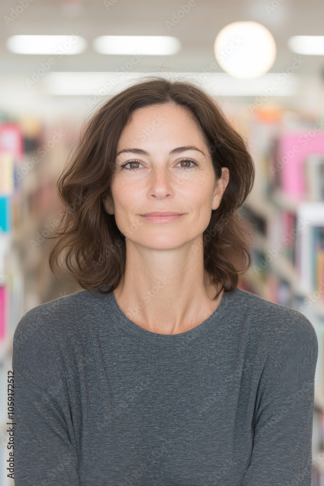 A woman with shoulder length brown hair smiles gently, wearing gray long sleeve shirt. She stands confidently in library filled with colorful books, radiating warmth and approachability A woman with shoulder length brown hair smiles gently, wearing gray long sleeve shirt. She stands confidently in library filled with colorful books, radiating warmth and approachability