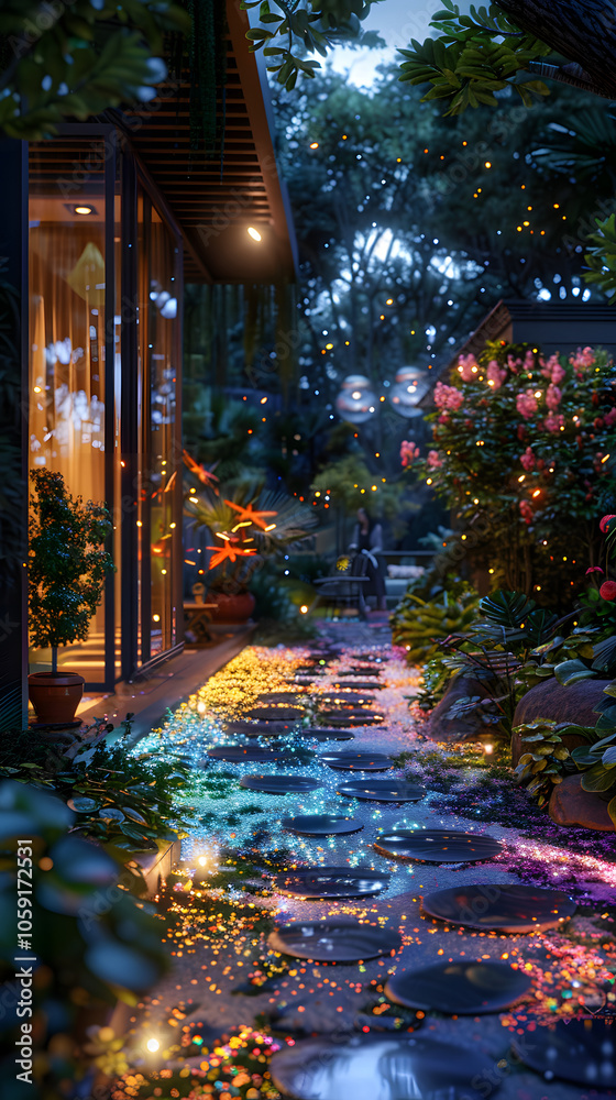 Fototapeta premium Enchanted Garden Pathway with Glowing Lights at Twilight
