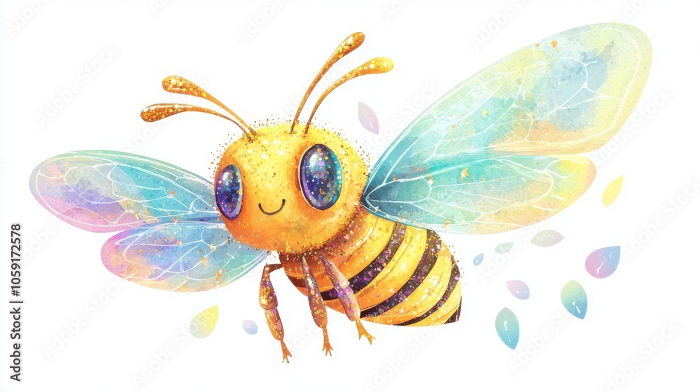 A colorful and cheerful illustration of a cartoon bee with sparkling wings, perfect for children's themes and nature projects. A colorful and cheerful illustration of a cartoon bee with sparkling wings, perfect for children's themes and nature projects.