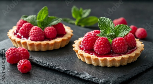 Delicious raspberry tarts with fresh mint served on a slate platter