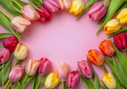 Colorful tulips arranged in a heart shape on a pink background for a cheerful...