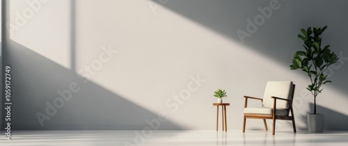 A modern chair and plant in a bright room with soft sunlight filtering throug...