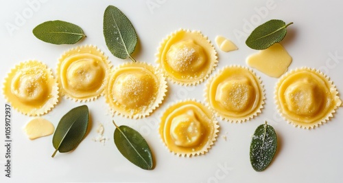 Homemade ravioli served with fresh sage leaves on a pristine white plate