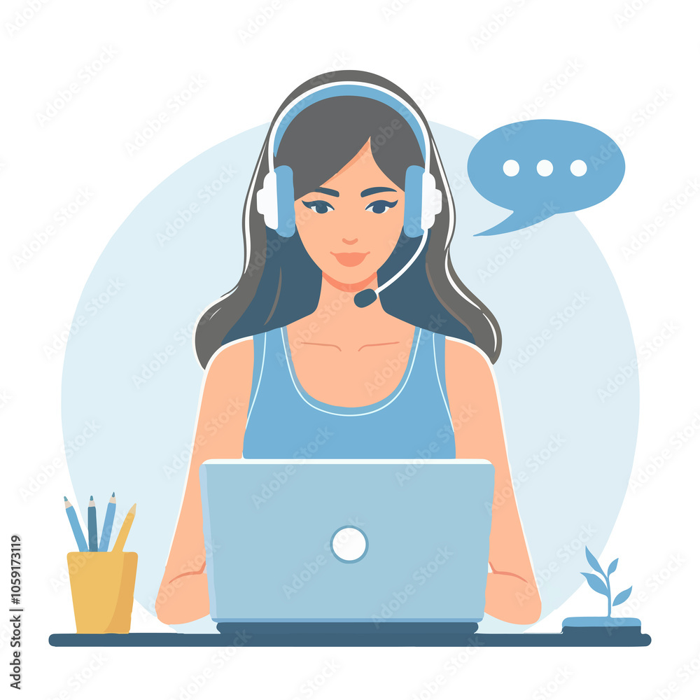 Female customer service worker working on laptop in flat illustration Female customer service worker working on laptop in flat illustration