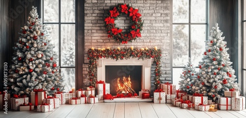 Cozy winter living room with elegant decorations, festive trees, and a warm f...
