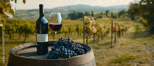 A bottle of red wine and a glass of wine sit on a wooden barrel surrounded by fresh grapes in a picturesque vineyard with rolling hills in the background.