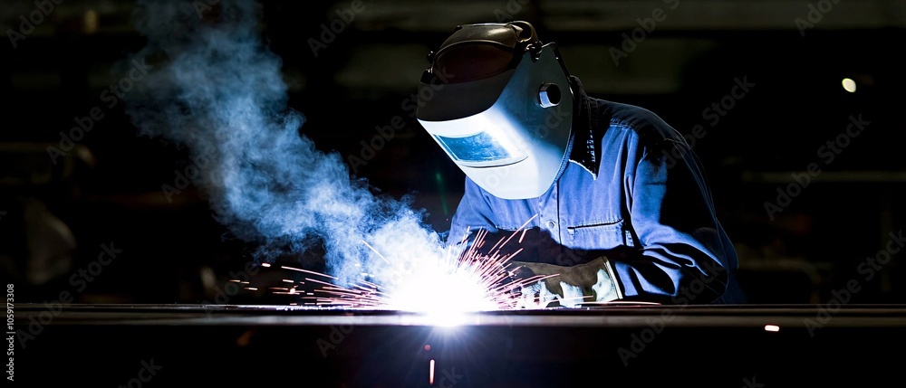 A welder working intensively, sparks flying, wearing protective gear. The scene captures the essence of skilled craftsmanship in metalworking.