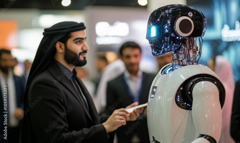 Man in suit interacts with a robot. Man in suit interacts with a robot.