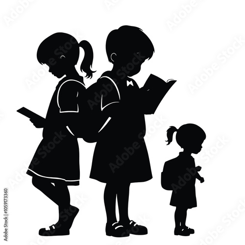 school children, child, hand, reading , vector silhouette, isolated white background