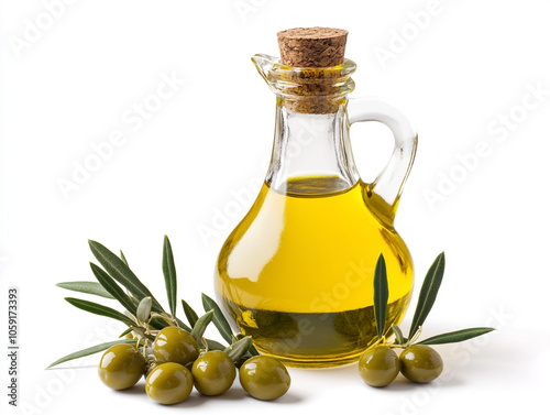 Olive oil in a glass bottle with olives isolated on a white background