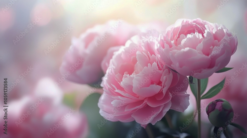 Fototapeta premium Pink peony flower blooming under soft sunlight in a lush garden during springtime