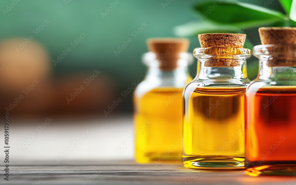 Essence bottles with colored oils, close-up on wooden table with blurred background. Essence bottles with colored oils, close-up on wooden table with blurred background.