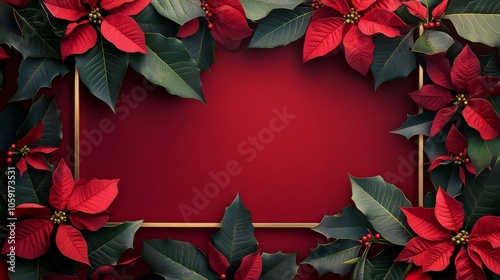 Festive holiday floral decoration with poinsettias and holly leaves on gold b...