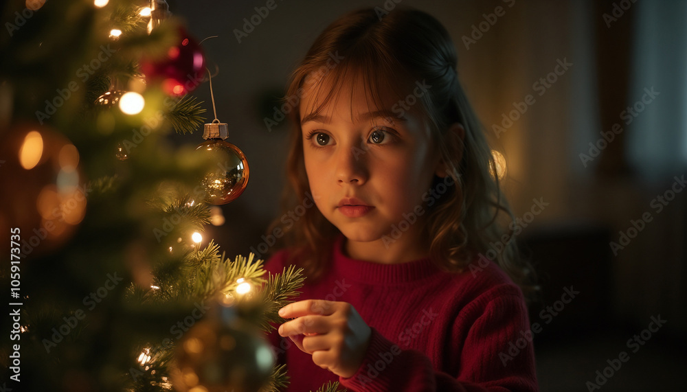 Young child in contemplative mood decorating Christmas tree against warm holiday lights Young child in contemplative mood decorating Christmas tree against warm holiday lights