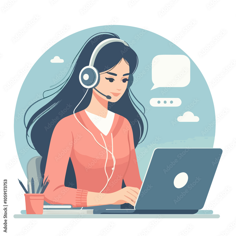 Female customer service worker working on laptop in flat illustration Female customer service worker working on laptop in flat illustration