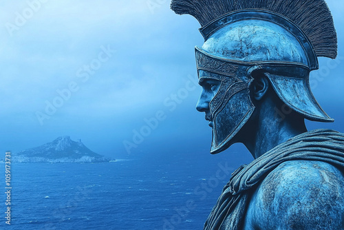 Epic View of a Greek Soldier in blue armor by the Coastline photo