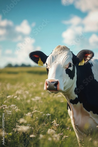A curious cow grazing in a sunny field surrounded by wildflowers on a clear day