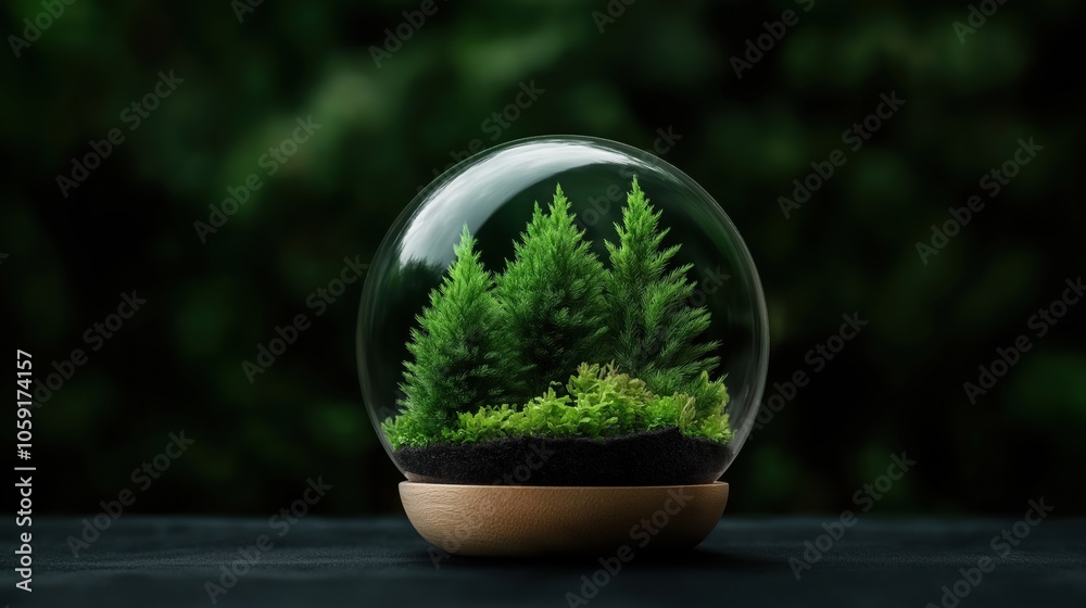 Miniature evergreen trees and plants inside a clear glass terrarium globe with a wooden base, set against a dark green blurred background. Miniature evergreen trees and plants inside a clear glass terrarium globe with a wooden base, set against a dark green blurred background.