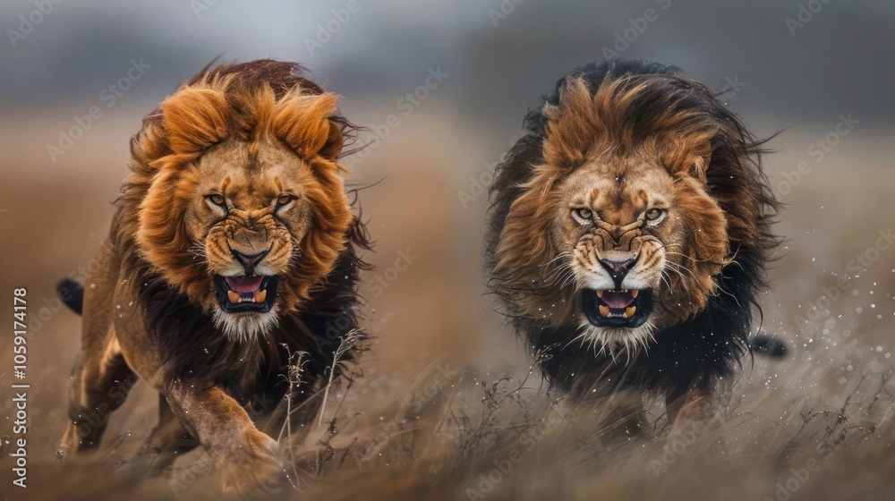 Two lions with roars in a natural setting. Two lions with roars in a natural setting.