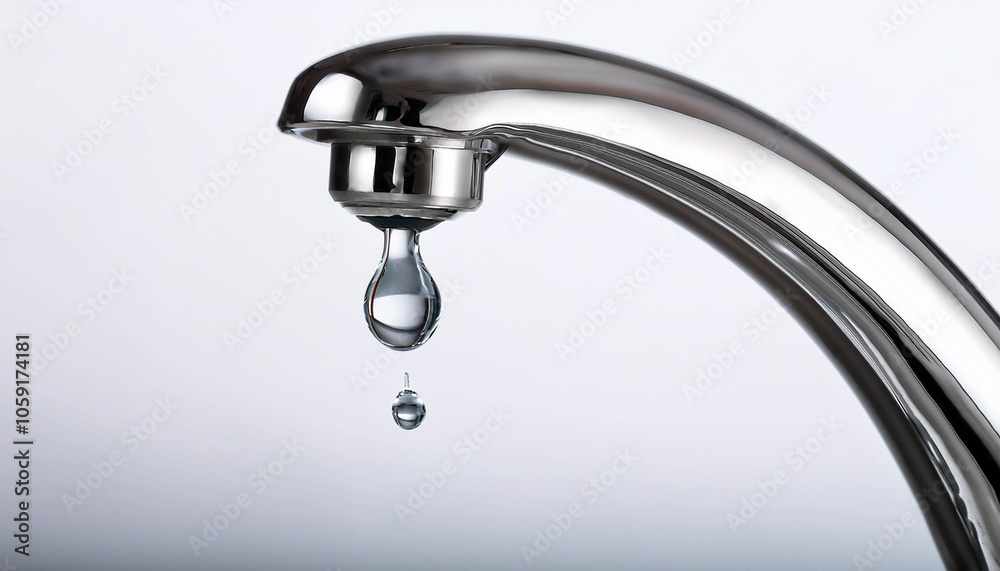 The image captures a chrome faucet, perfectly still, with a droplet of water hanging suspended in mid-air below the spout.