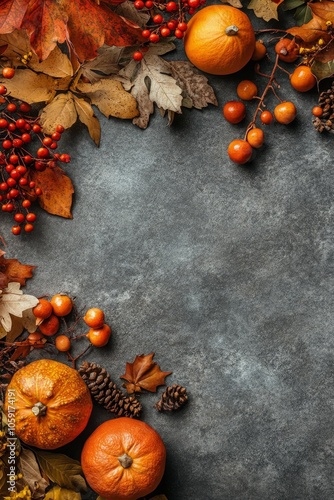 Autumn display with pumpkins, colorful leaves, and seasonal berries on textur...