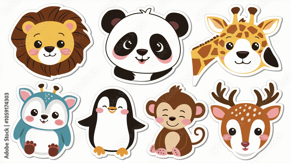 The image shows nine stylized animal stickers, including a lion, panda, giraffe, penguin, monkey, reindeer, koala, and fox, all with cute expressions and simple backgrounds. The image shows nine stylized animal stickers, including a lion, panda, giraffe, penguin, monkey, reindeer, koala, and fox, all with cute expressions and simple backgrounds.
