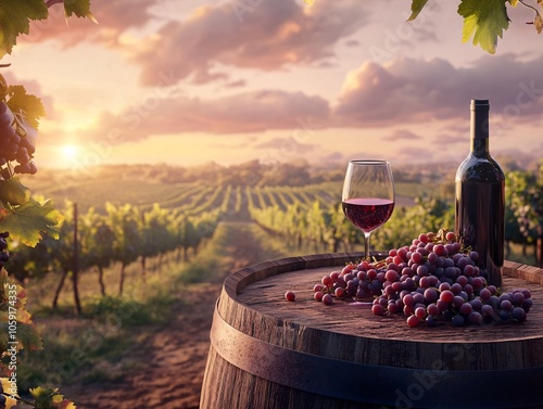 A picturesque vineyard at sunset, featuring a bottle of red wine, a glass of wine, and fresh grapes on an oak barrel, capturing the essence of wine culture.