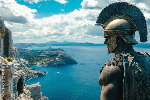 Epic View of a Greek Soldier in blue armor by the Coastline photo