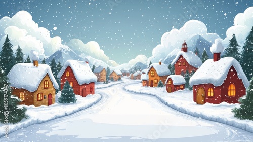 Snowy village landscape with cozy homes and tall trees in a winter wonderland...