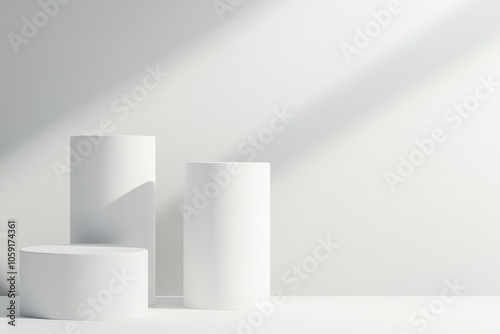 Matte white cylinder podium, minimalist, set against a light gray background, soft shadow, elegant simplicity, hightech product presentation, futuristic design