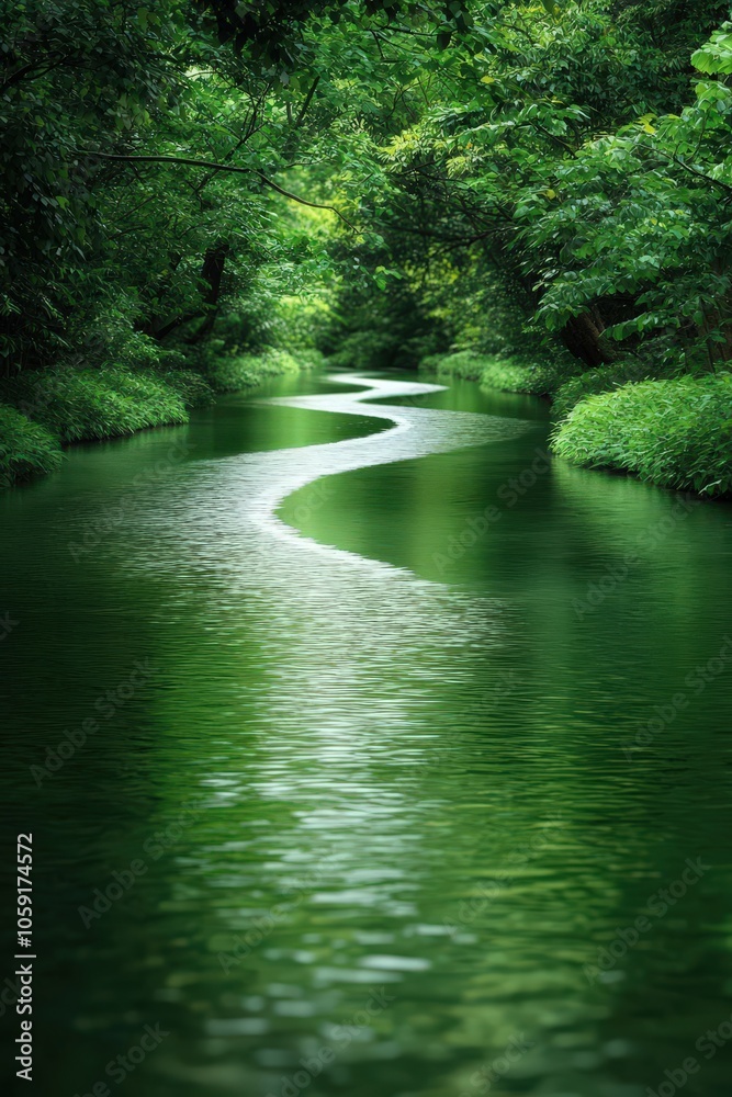 Serene Winding River Through Lush Green Forest Serene Winding River Through Lush Green Forest