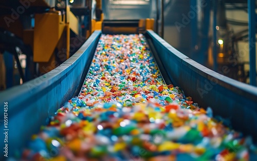 Wallpaper Mural A vibrant conveyor belt filled with colorful plastic waste in a recycling facility, highlighting the importance of environmental sustainability. Torontodigital.ca
