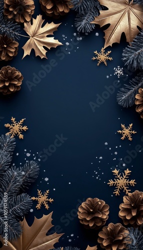 Elegant arrangement of golden leaves, pinecones, and snowflakes on a dark blu...