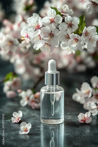 Elegant serum bottle on golden silk with water droplets highlighting skincare...