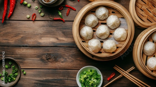Delicious dumplings served in steaming bamboo baskets on a rustic wooden table