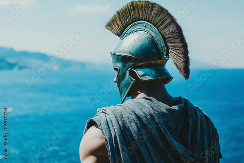 Epic View of a Greek Soldier in blue armor by the Coastline photo