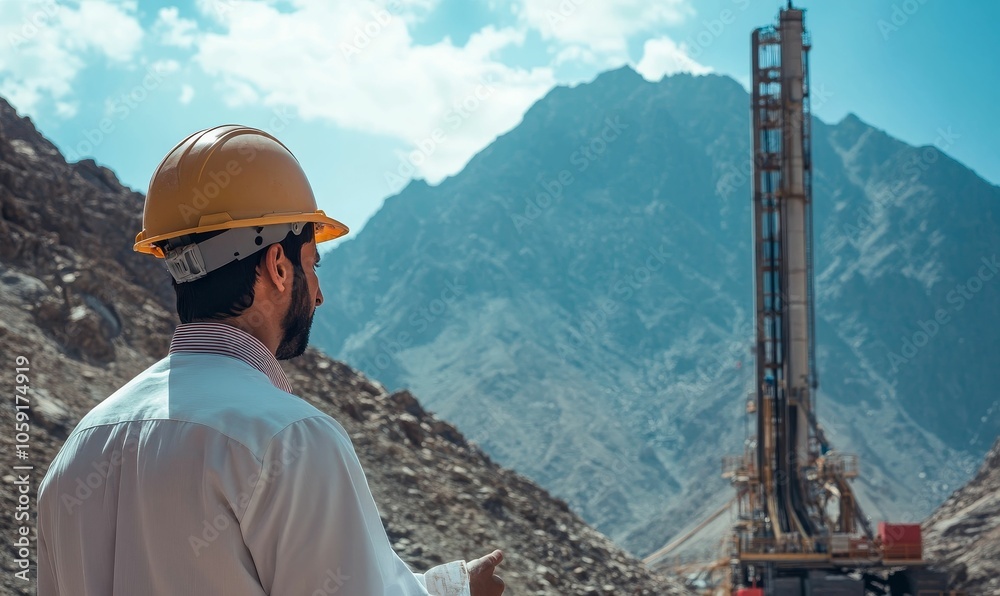 A man in a hard hat looks at a drilling A man in a hard hat looks at a drilling