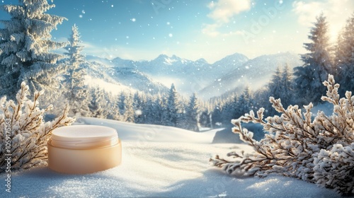 Winter landscape featuring a skincare tube amidst a snowy forest under a brig...