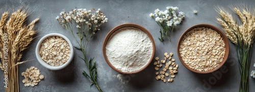 Flour and wheat grains displayed with flowers on a blue textured surface in n...